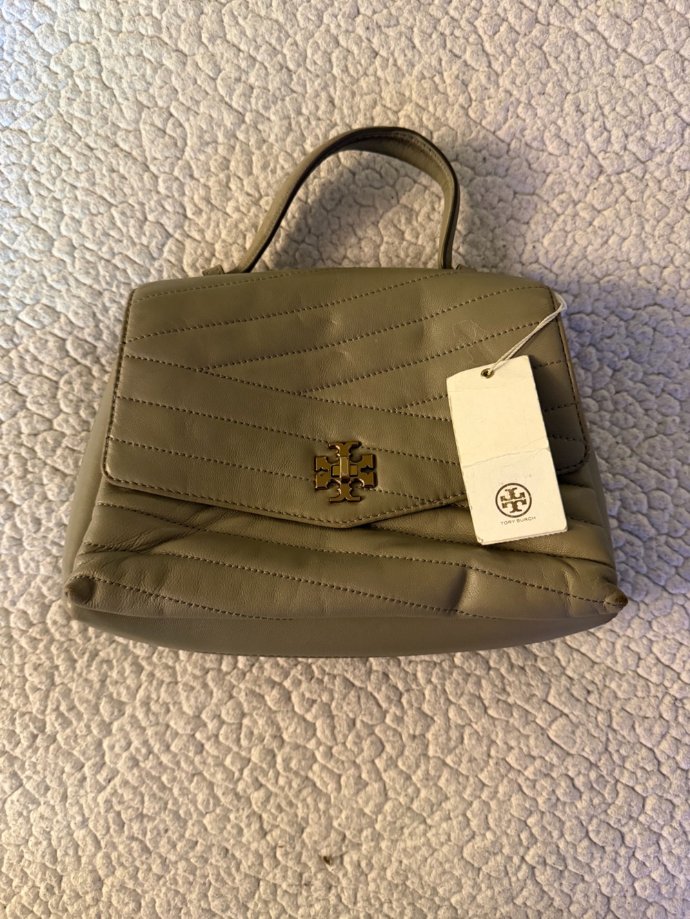 Tory Burch Quilted Taupe bag with brass Chain and Logo Hardware